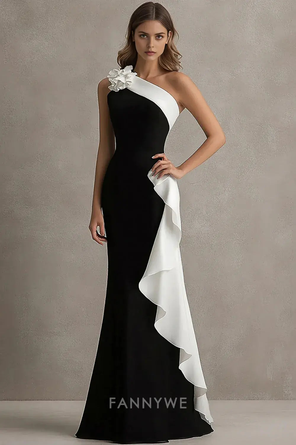 FannyWe Simple Black White One Shoulder Long Black Tie Dress with 3D Flowers